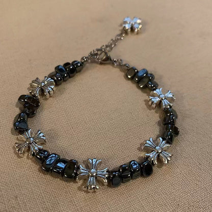 Gothic Cross Beaded Bracelet for Men Women Natural Black Hematite Stone Irregular Tumbled Beads Bracelet Y2K Hip Hop Punk Rock Wristband Retro Chrome Floral Crosses Jewelry Gif