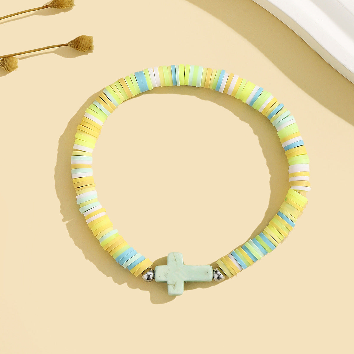 Turquoise Cross Bracelet Bohemian Colorful Polymer Clay Adjustable Stretch Bracelet - STAR8S