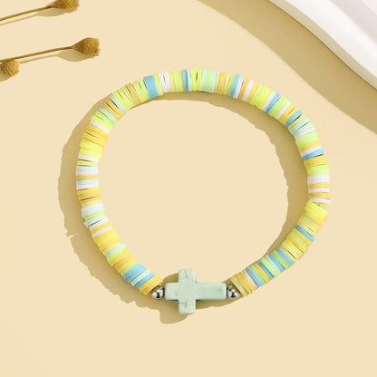 Turquoise Cross Bracelet Bohemian Colorful Polymer Clay Adjustable Stretch Bracelet - STAR8S