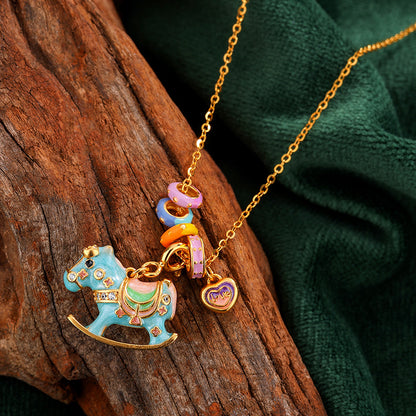Chinese Zodiac Horse Silver Necklace – S925 Enamel Macaron Color Rocking Horse Pendant - STAR8S
