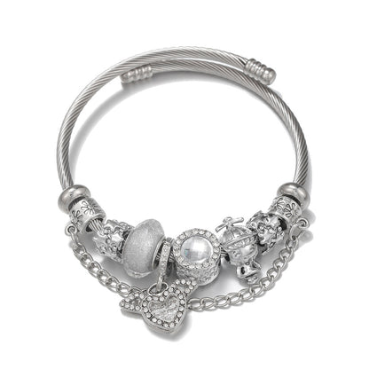 Heart Charm Bracelet for Women White Cupid Heart Charm Bangle Stainless Steel Snake Chain Bracelet with Angel Wings Crystal Resin Beads Fairycore Aesthetic Jewelry Gift for Her