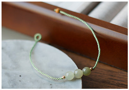 Natural Clear Water Gradient Hetian Jade Handwoven Braided Anklet Bracelet – Elegant & Simple Jewelry