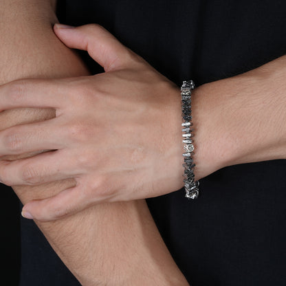 Men's Square Lava Stone Beaded Bracelet with Silver-Tone Accents and Adjustable Extender
