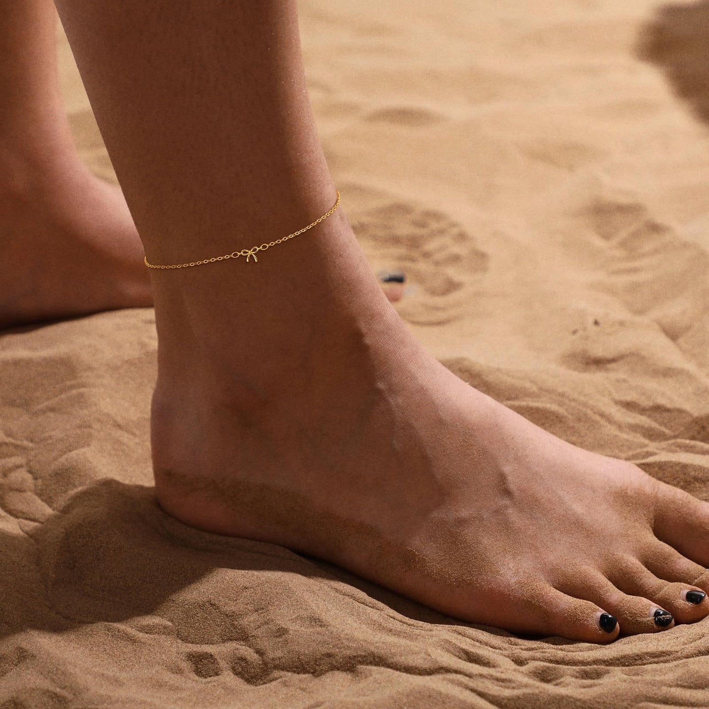 gold-plated brass bow anklet for women, dainty adjustable charm ankle bracelet, coquette summer beach foot jewelry