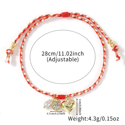 Handmade Red String Bracelet for Women Teen Girls Gold Heart Pendant Freshwater Pearl Cubic Zircon Charm Braided Cord Friendship Bracelet Summer Beach Vacation Adjustable Wristband Pack
