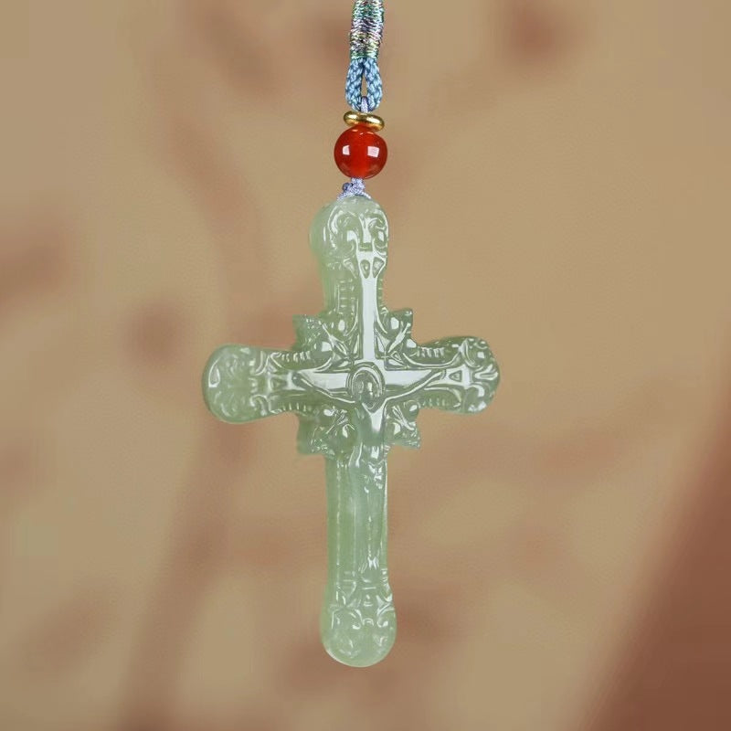 natural hetian jade cross necklace - men & women, green jade pendant gift
