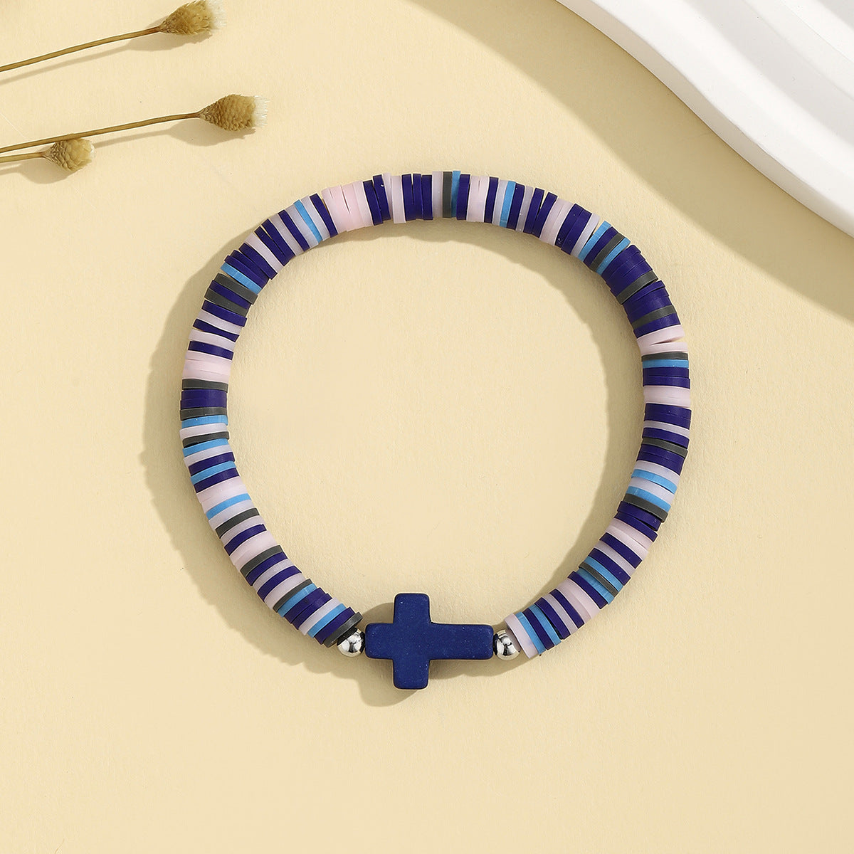 Turquoise Cross Bracelet Bohemian Colorful Polymer Clay Adjustable Stretch Bracelet - STAR8S