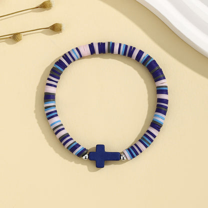 Turquoise Cross Bracelet Bohemian Colorful Polymer Clay Adjustable Stretch Bracelet - STAR8S