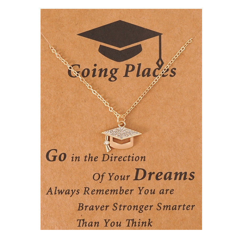 trendy rhinestone graduation cap pendant necklace for women girls gold plated class of 2026 doctoral mortarboard charm choker chain memorial jewelry gift with inspirational card going places