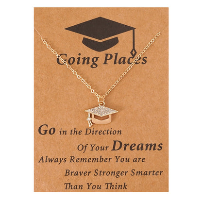 Trendy Rhinestone Graduation Cap Pendant Necklace for Women Girls Gold Plated Class of 2026 Doctoral Mortarboard Charm Choker Chain Memorial Jewelry Gift with Inspirational Card Going Places