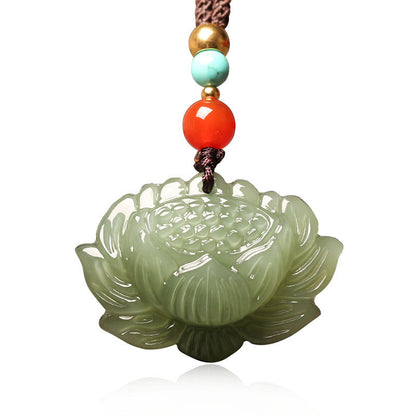 Elegant Hetian Jade Green Lotus Pendant Necklace – Unisex