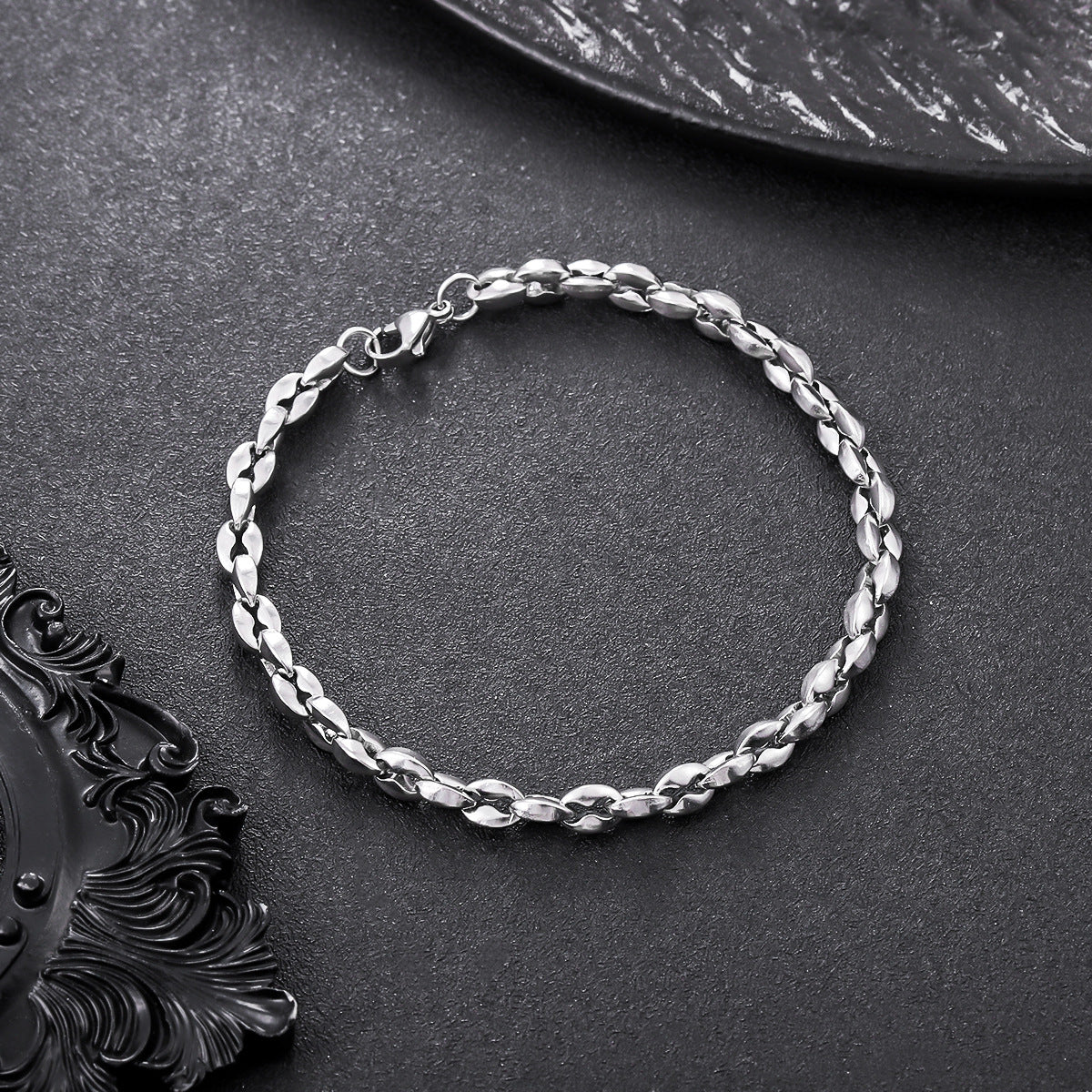 men titanium steel coffee bean chain bracelet non tarnish waterproof silver-tone stainless steel link wristband modern minimalist everyday jewelry gift for men husband boyfriend