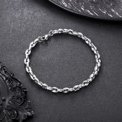 Men Titanium Steel Coffee Bean Chain Bracelet Non Tarnish Waterproof Silver-tone Stainless Steel Link Wristband Modern Minimalist Everyday Jewelry Gift for Men Husband Boyfriend