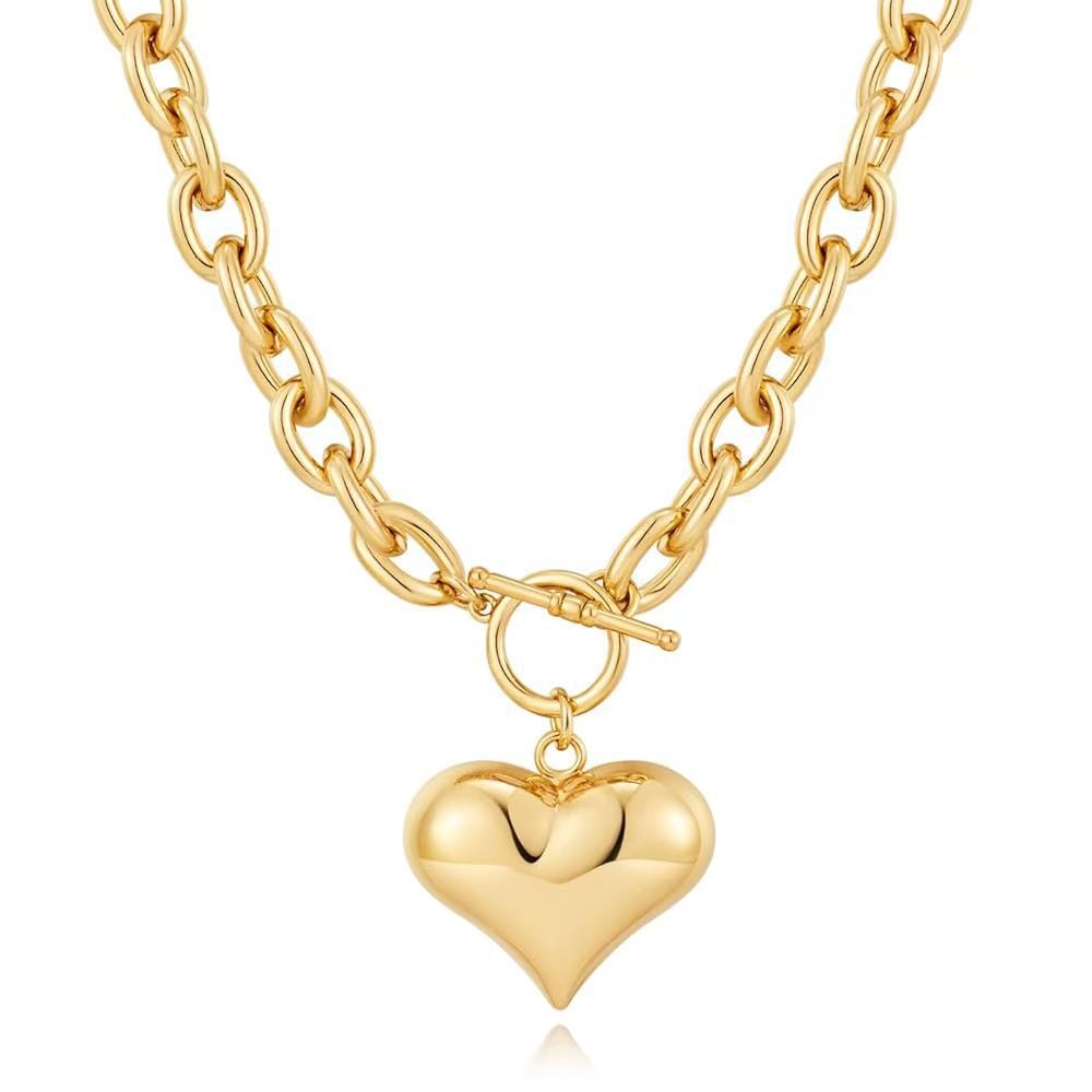 gold plated chunky chain necklace for women puffy heart pendant necklace minimalist bold link chain necklace with front ot toggle clasp jewelry gift