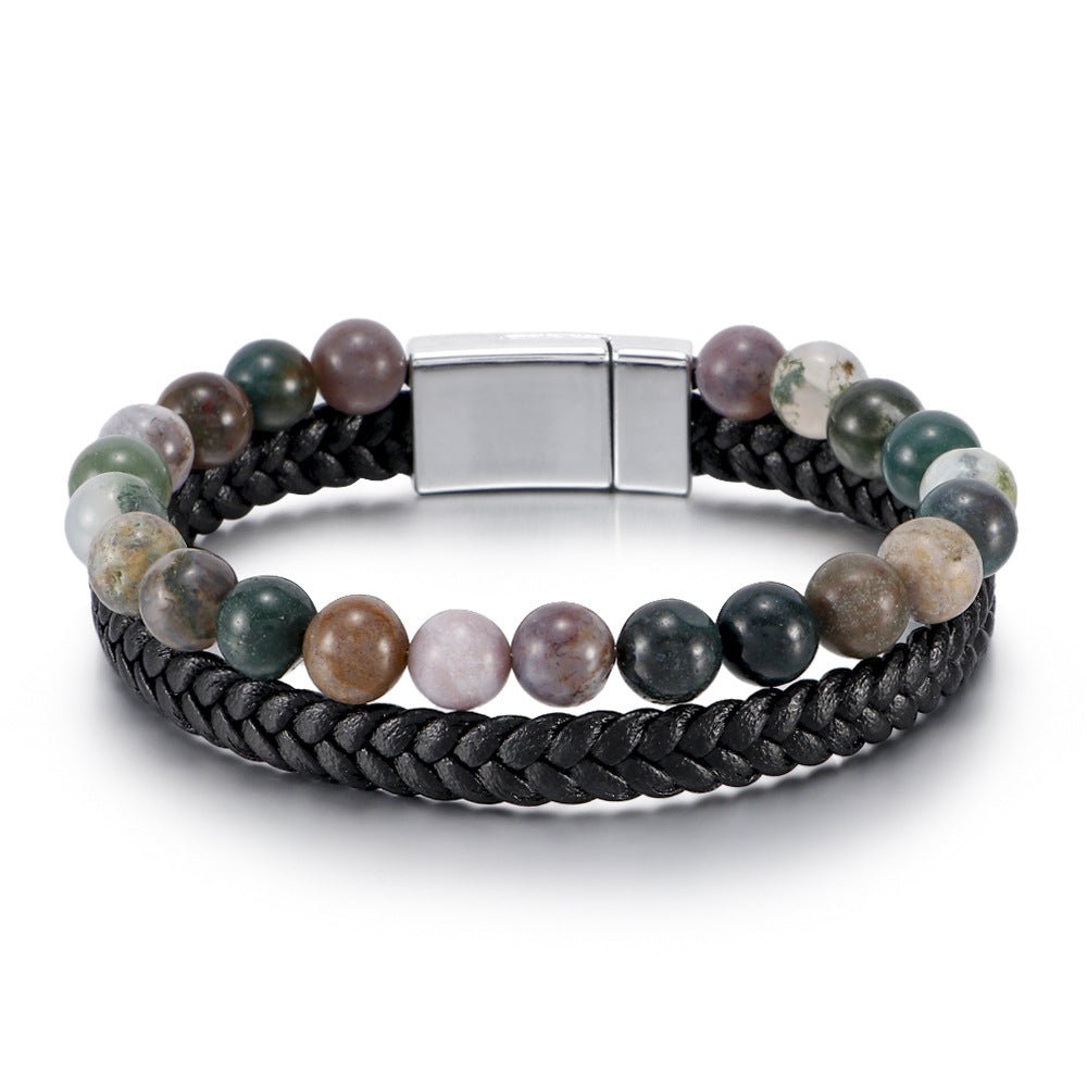 men’s beaded stone bracelet - tiger eye beads with genuine leather cord - natural stone and agate bracelet - star8s