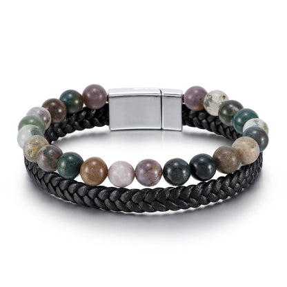 Men’s Beaded Stone Bracelet - Tiger Eye Beads with Genuine Leather Cord - Natural Stone and Agate Bracelet - STAR8S