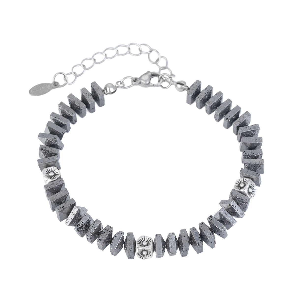 men's square lava stone beaded bracelet with silver-tone accents and adjustable extender