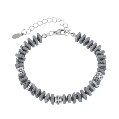 Men's Square Lava Stone Beaded Bracelet with Silver-Tone Accents and Adjustable Extender