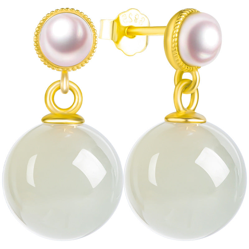 elegant hetian jade & pearl stud earrings | s925 silver inlay | stylish and simple design