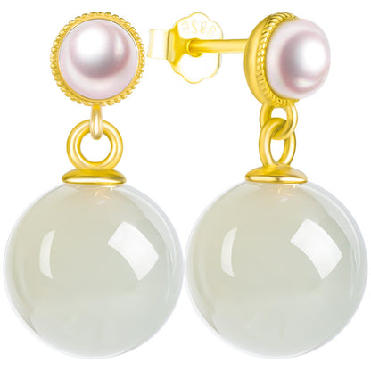 Elegant Hetian Jade & Pearl Stud Earrings | S925 Silver Inlay | Stylish and Simple Design