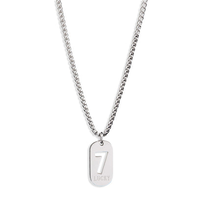 Lucky Number 7 Pendant Necklace for Men Women Premium Titanium Steel Dog Tag Nameplate Hip Hop Punk Streetwear Jewelry Long Box Chain Sweater Necklace Gift