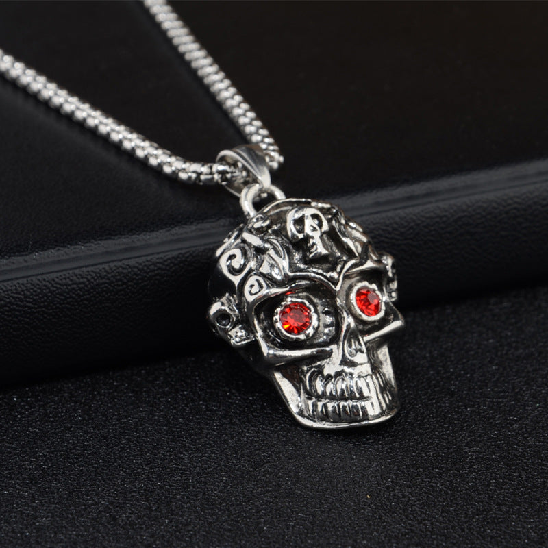 men's punk skull pendant necklace with red rhinestone eyes stainless steel box chain hip hop streetwear gothic biker skull jewelry heavy duty stainless steel pendant for men