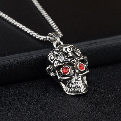 Men's Punk Skull Pendant Necklace with Red Rhinestone Eyes Stainless Steel Box Chain Hip Hop Streetwear Gothic Biker Skull Jewelry Heavy Duty Stainless Steel Pendant for Men