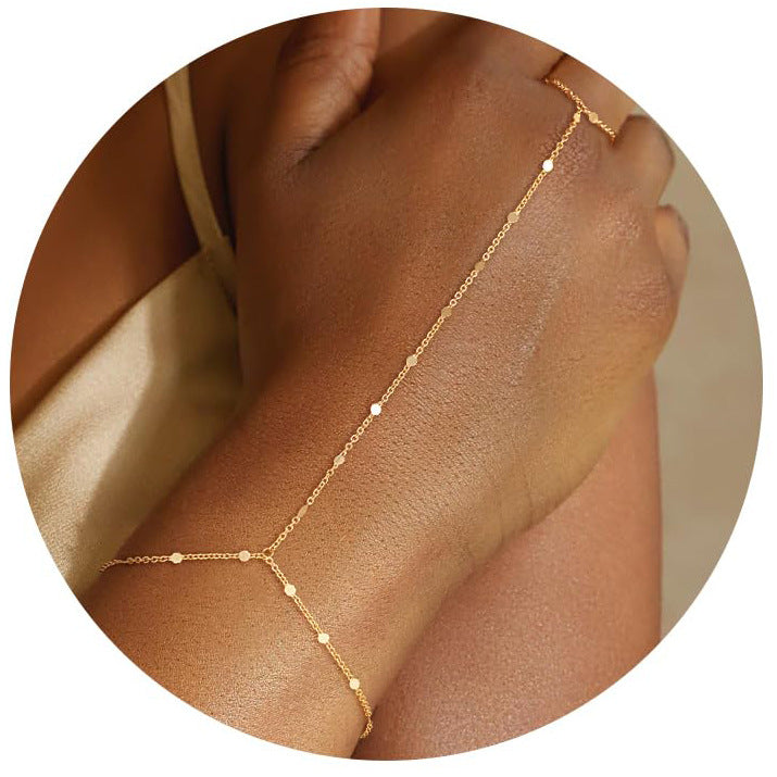 minimalist finger ring bracelet for women premium brass hand chain dainty slave bracelet link ring attached gold tone wristband boho back of hand harness jewelry gift