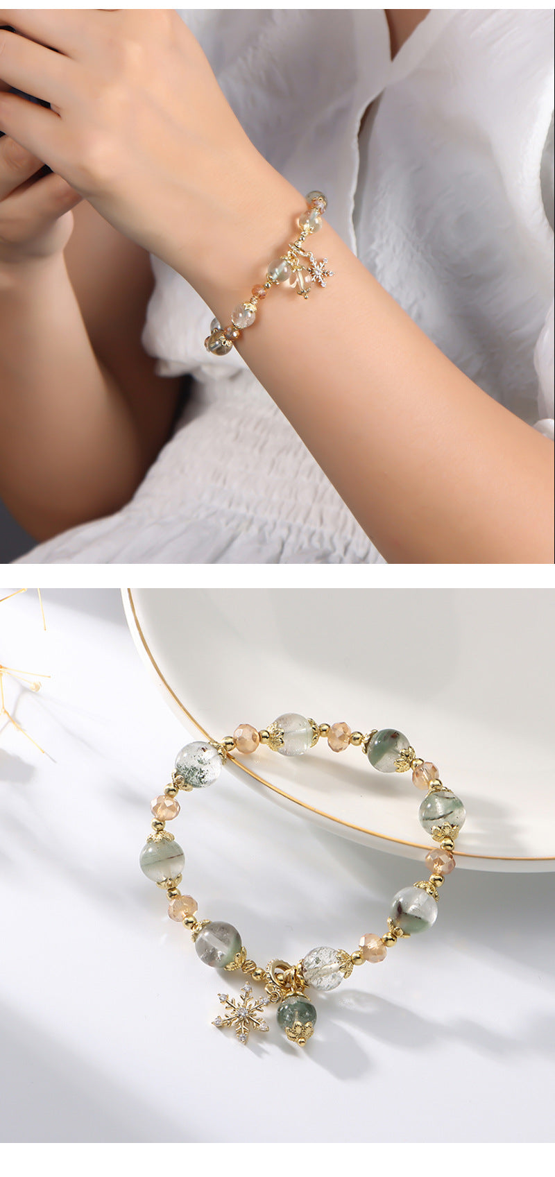 Green Phantom Crystal Charm Beaded Bracelet - Minimalist Design with Snowflake Pendant for Women - STAR8S
