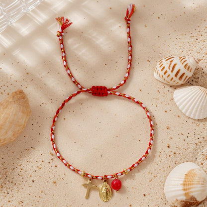 Handmade Woven Cord Bracelet for Women Men Gold Plated Cross Pendant Oval Virgin Mary Miraculous Medal Adjustable Protection Blessing Braided Cotton Rope Jewelry Gift