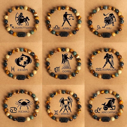 12 the Zodiac Signs Natural Stone Beaded Bracelet - Tiger Eye - STAR8S