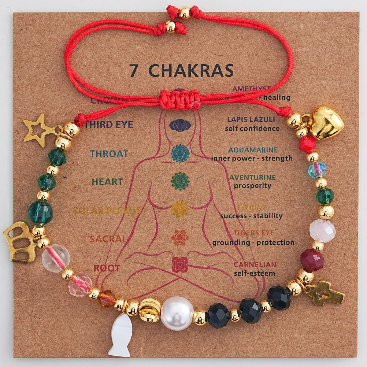 red string beaded charm bracelet, adjustable cord with multicolor beads and gold-tone heart, star and cross charms, everyday holiday jewelry