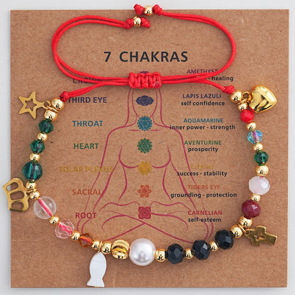 Red String Beaded Charm Bracelet, Adjustable Cord with Multicolor Beads and Gold-Tone Heart, Star and Cross Charms, Everyday Holiday Jewelry