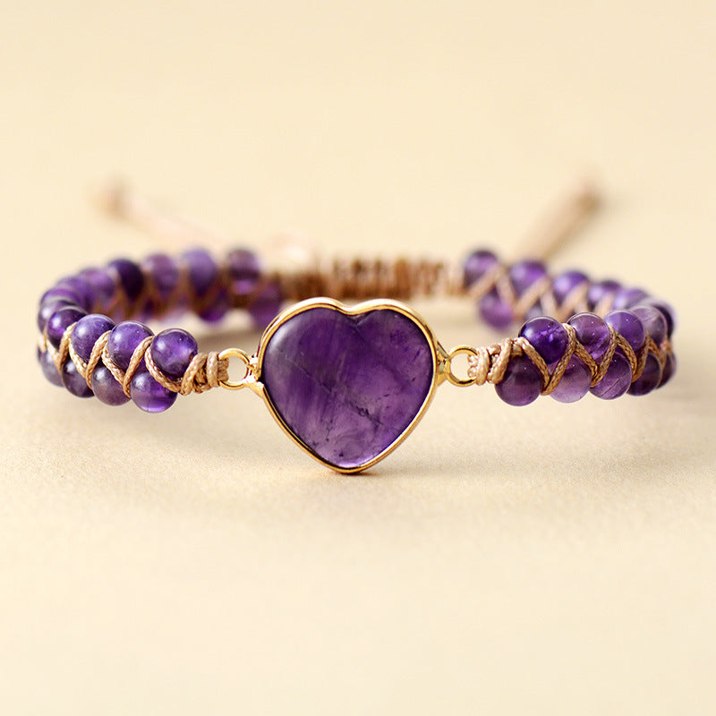Amethyst Adjustable Heart Braided Bracelet for Women – Handmade Natural Stone Beaded Macrame Jewelry - STAR8S