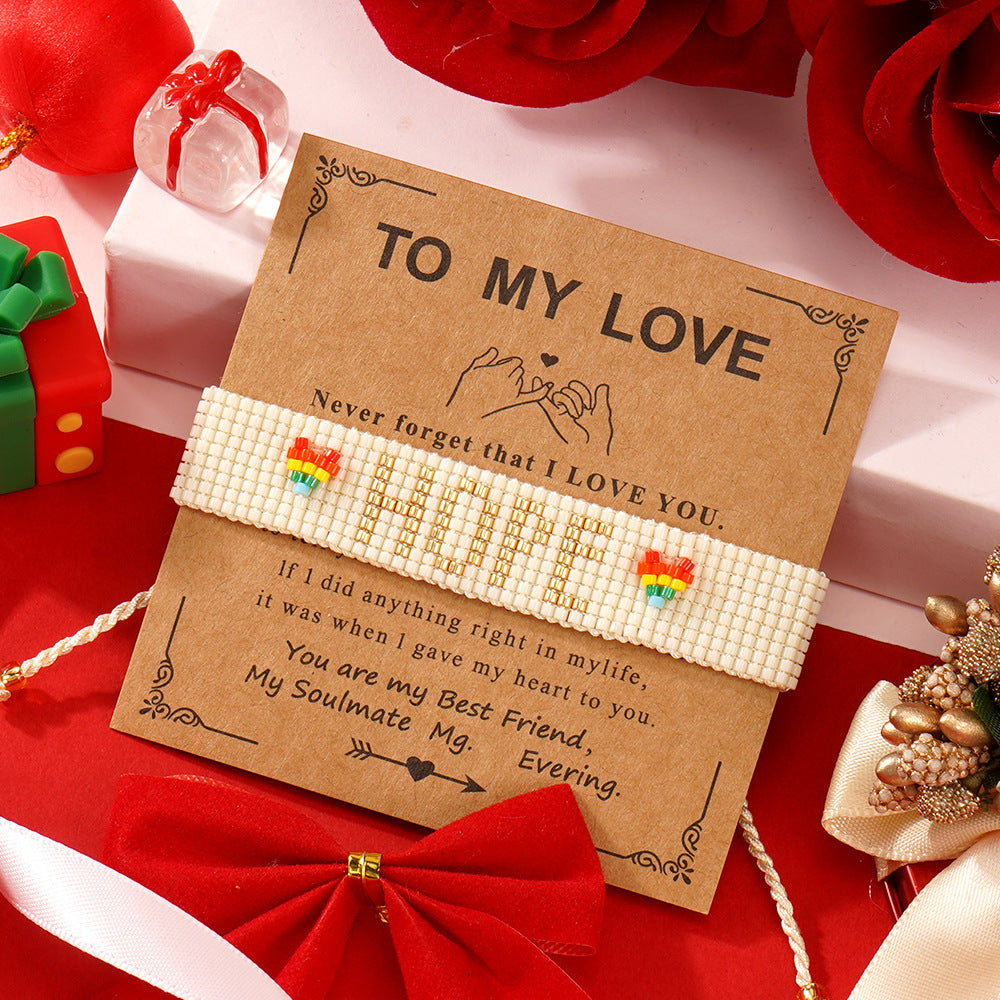 boho heart friendship bracelet – handmade woven seed bead hope rainbow letter bracelet | adjustable bohemian jewelry