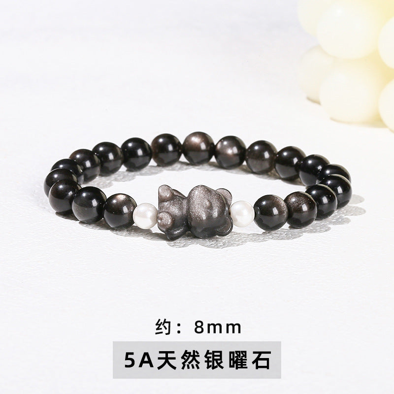 Silver Obsidian Bear Bracelet – Minimalist Black Gemstone Beaded Bracelet for Men & Women - STAR8S
