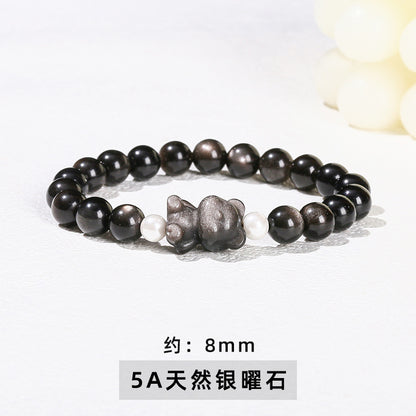 Silver Obsidian Bear Bracelet – Minimalist Black Gemstone Beaded Bracelet for Men & Women - STAR8S