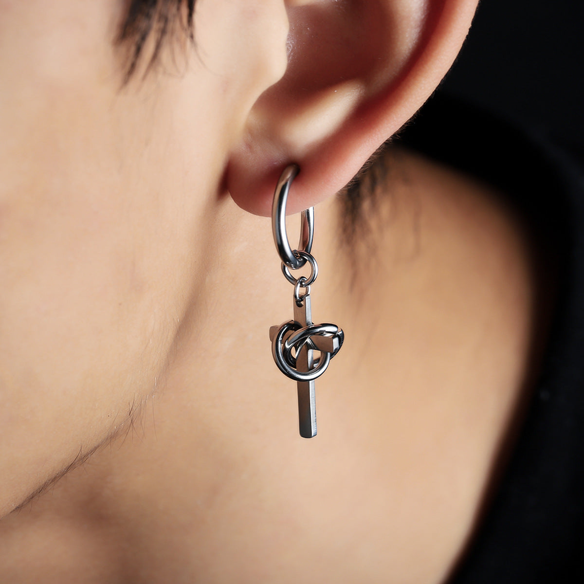 men's cross drop hoop earrings titanium steel non tarnish twisted wire entwined cross dangle earrings punk gothic hip hop ear jewelry streetwear ear clips for men pierced non-pierced silver color