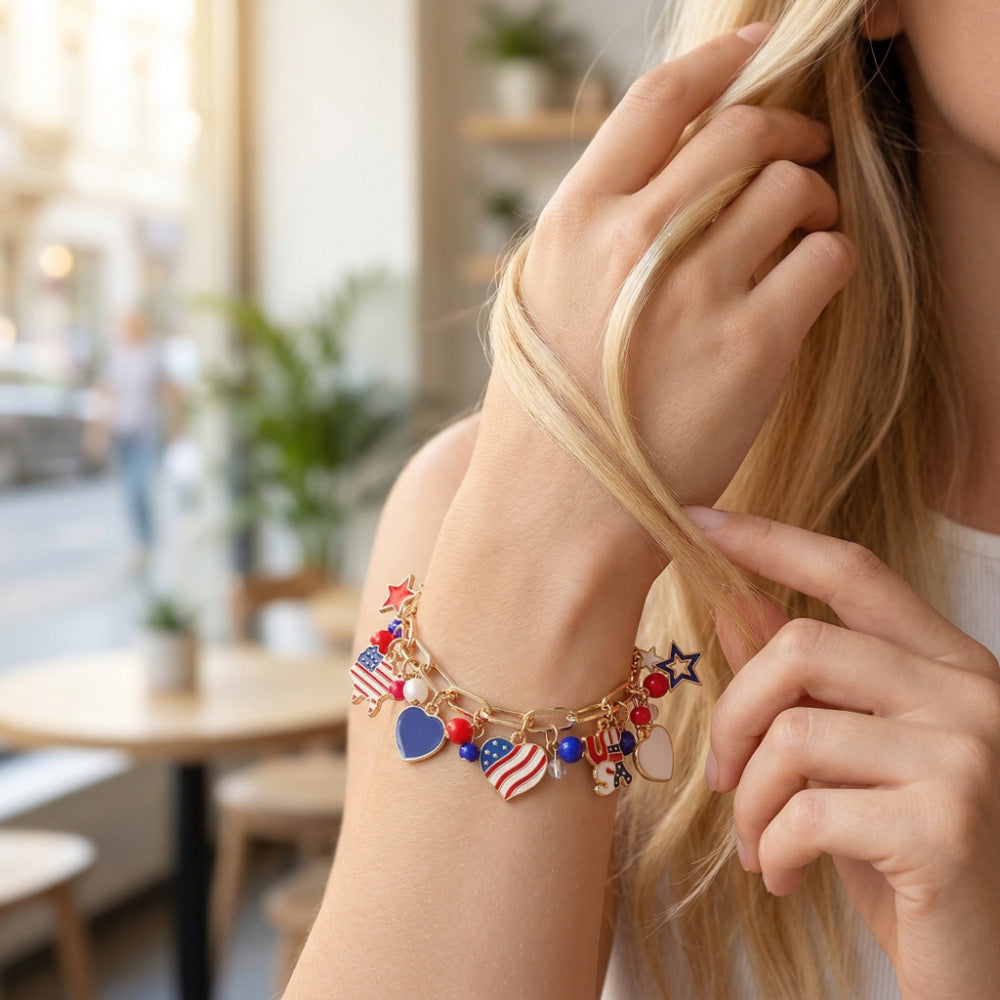 patriotic usa flag charm bracelet for women teen girls 4th of july jewelry memorial day independence day gifts red white and blue enamel star heart olympic sports fan link chain bracelet