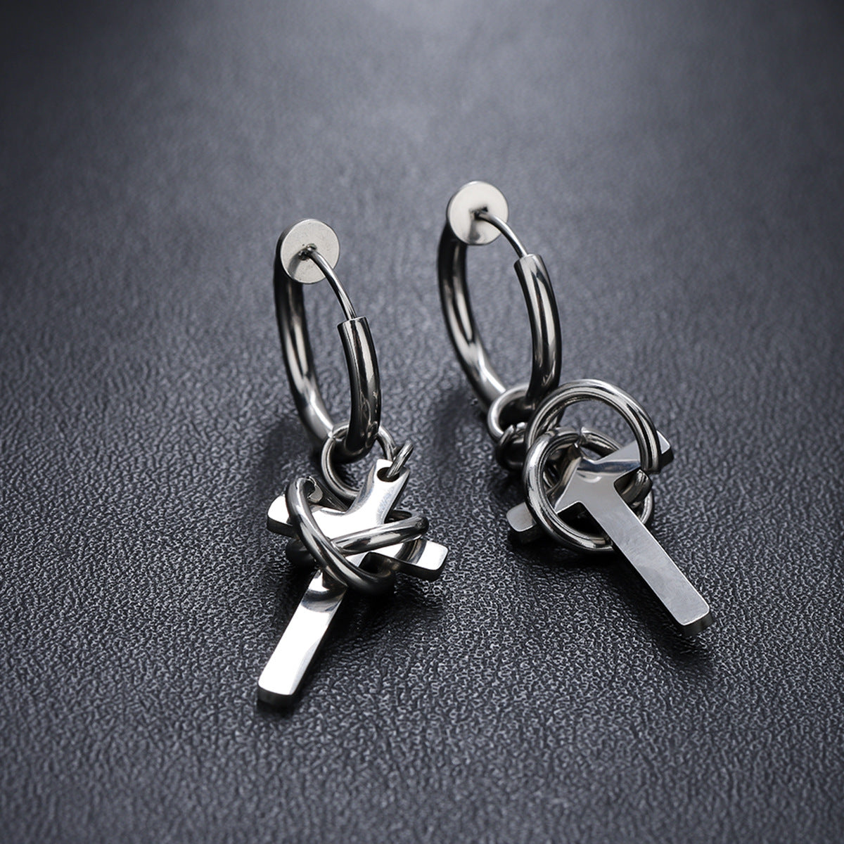 men's cross drop hoop earrings titanium steel non tarnish twisted wire entwined cross dangle earrings punk gothic hip hop ear jewelry streetwear ear clips for men pierced non-pierced silver color