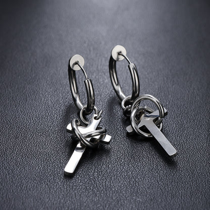 Men's Cross Drop Hoop Earrings Titanium Steel Non Tarnish Twisted Wire Entwined Cross Dangle Earrings Punk Gothic Hip Hop Ear Jewelry Streetwear Ear Clips for Men Pierced Non-Pierced Silver Color