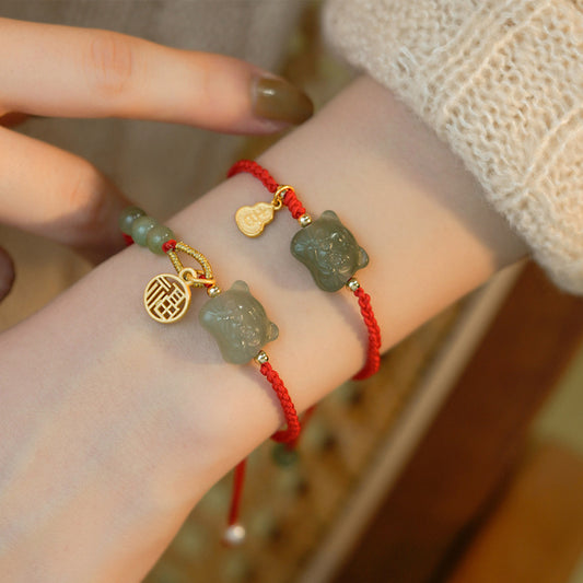 Lucky Red String Bracelet | Hetian Jade Zodiac Tiger Charm Bracelet | Couple's Year of the Tiger Gift for New Year