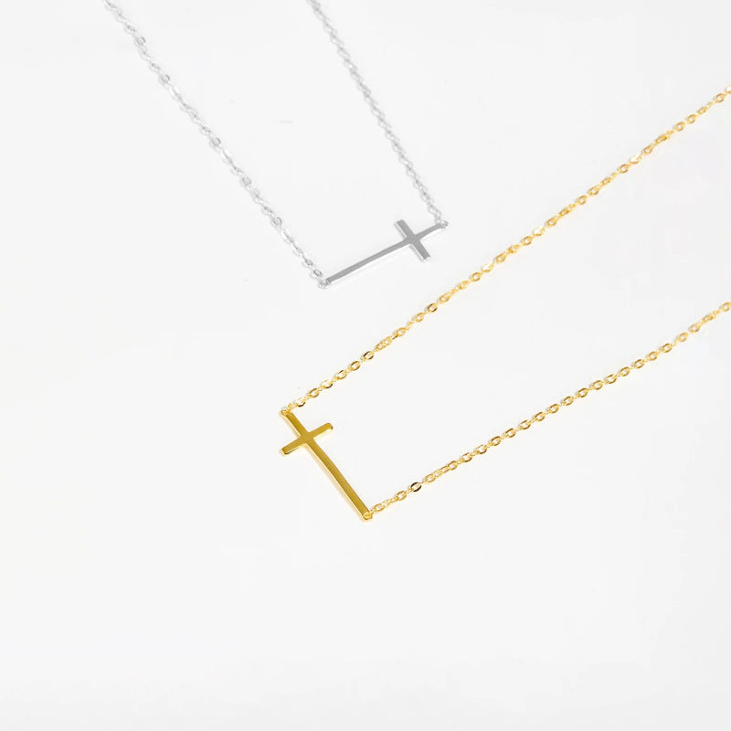s925 sterling silver 18k gold plated horizontal cross necklace – minimalist design, unisex fashion jewelry