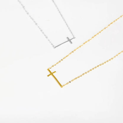 S925 Sterling Silver 18K Gold Plated Horizontal Cross Necklace – Minimalist Design, Unisex Fashion Jewelry