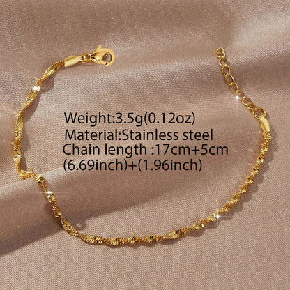 Gold tone Chain Bracelet for Women Stainless Steel Twisted Wave Chain Singapore Water Wave Link Bracelet Dainty Layering Minimalist Wristband Adjustable Extension Extender Chain Costume Jewelry Birthday Anniversary Gift for Her