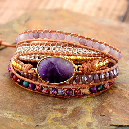 Egg Amethyst Boho Leather Braided Bracelet Handmade Wrap Bracelet - STAR8S