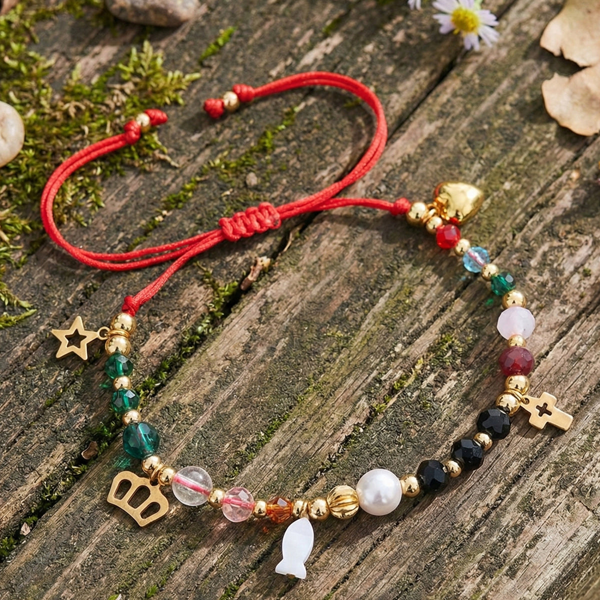 red string beaded charm bracelet, adjustable cord with multicolor beads and gold-tone heart, star and cross charms, everyday holiday jewelry