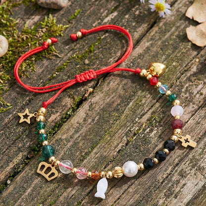 Red String Beaded Charm Bracelet, Adjustable Cord with Multicolor Beads and Gold-Tone Heart, Star and Cross Charms, Everyday Holiday Jewelry