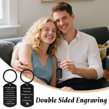 Funny Romantic Engraved Dog Tag Keychain for Men Husband Boyfriend Stainless Steel Black Double Sided Inscription Card Key Ring Drive Safe Handsome Sarcastic Sibling Gag Gift Anniversary Birthday 17g