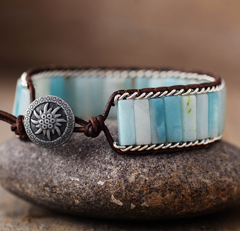 Amazonite Boho Leather Wrap Bracelet Handmade Natural Stone Bracelet - STAR8S